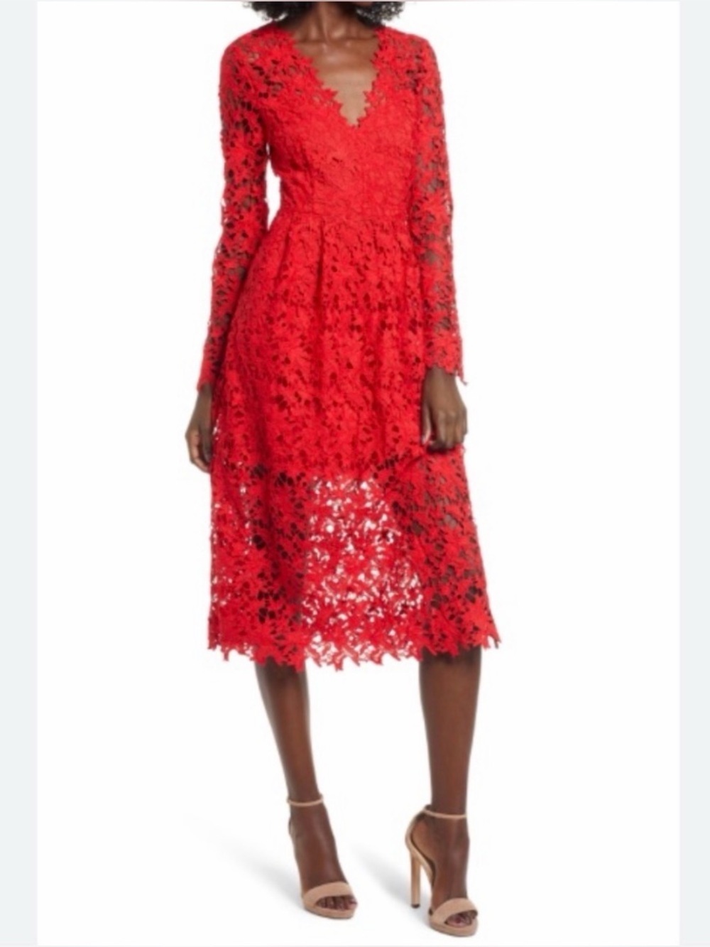 ASTR Red Lace V-Neck Long Sleeve Midi Dress